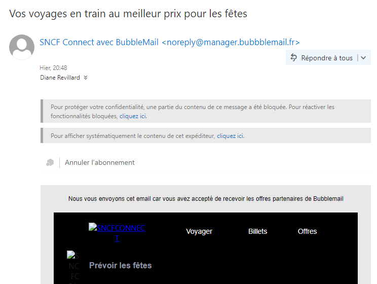 Panneau de prévisualisation Email Sncf